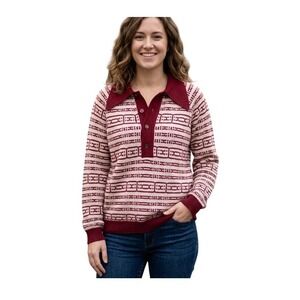 Vintage‎ 70s Donegal Pointed Collared Sweater Burgundy Cream Knit Pattern L